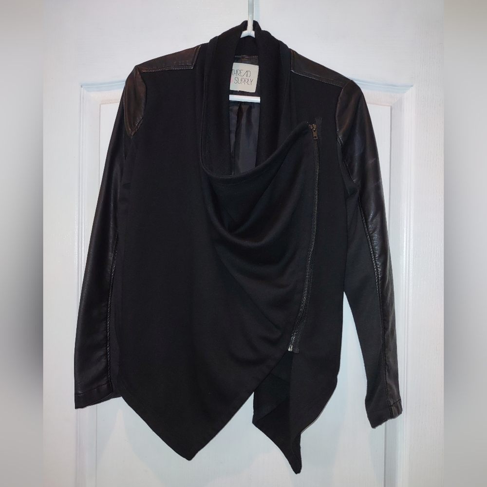 Thread & Supply Black Faux Leather Drapey Moto Jacket Size Small